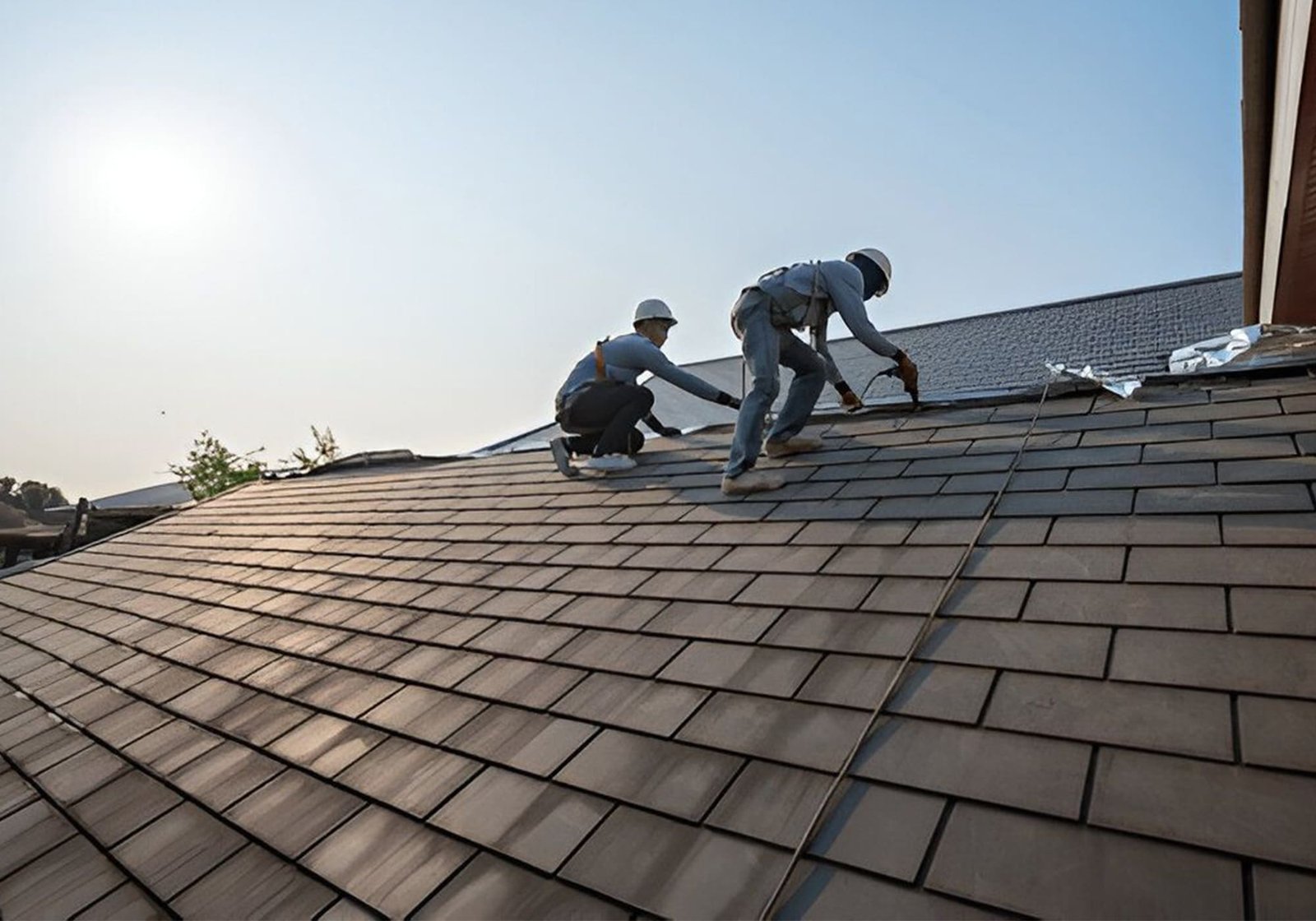 Roofing crew working on a premium roof